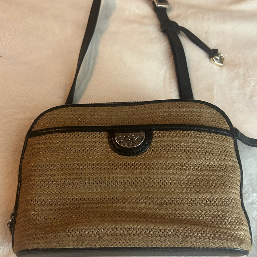 Brighton Black leather and straw Crossbody Bag with Leather Accents
